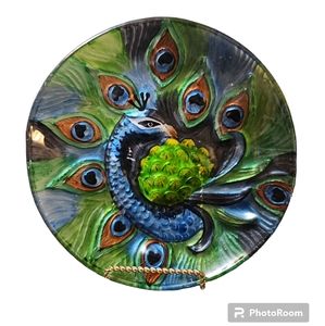 Beautiful 8" raised Peacock Curved Art Glass collectors plate
